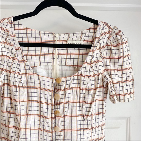 Nicholas Plaid Button Front Puff Sleeve Mini Dress Linen Blend Cream Red Size 2 - Picture 6 of 12